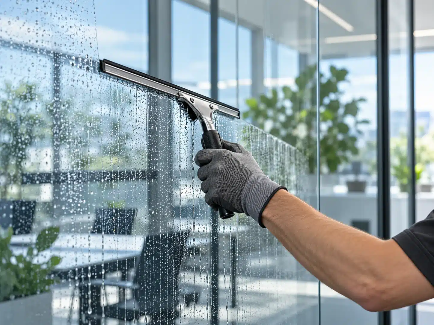 Hand mit Fensterabzieher an einer Glasfläche